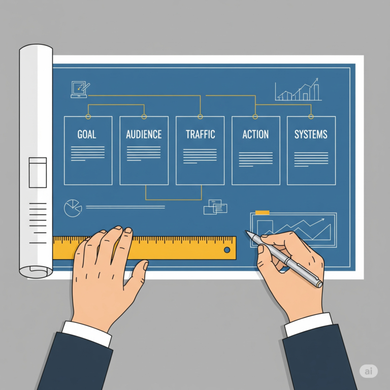 A strategic blueprint showing the 5 key steps of website planning: Goal, Audience, Traffic, Action, and Systems.