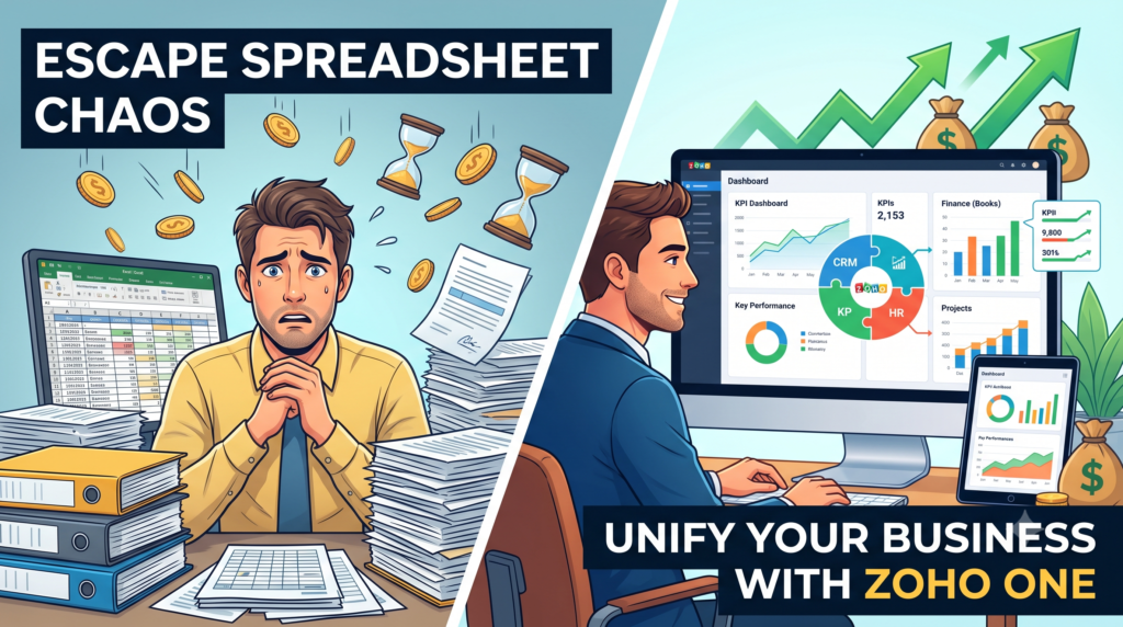 A split-screen illustration showing a stressed business owner drowning in manual spreadsheets and paperwork on the left, compared to a relaxed executive using a clean, automated Zoho One digital dashboard on the right, highlighting the benefits of unified business software.