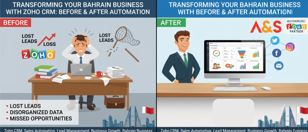 A split-screen illustration showing the contrast in sales management. On the left, a stressed businessman sits at a messy desk with disorganized papers, representing lost leads. On the right, a confident businessman stands next to a clean computer screen displaying organized sales funnels, charts, and social media integrations, representing automated lead management with Zoho CRM and A&S Management Consultancy.